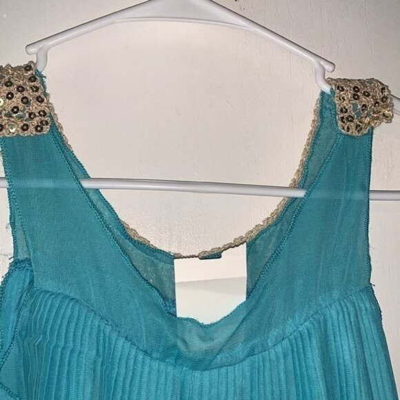 Sleeveless Teal Pleated Dress With Sequin Collar - Picture 7 of 10